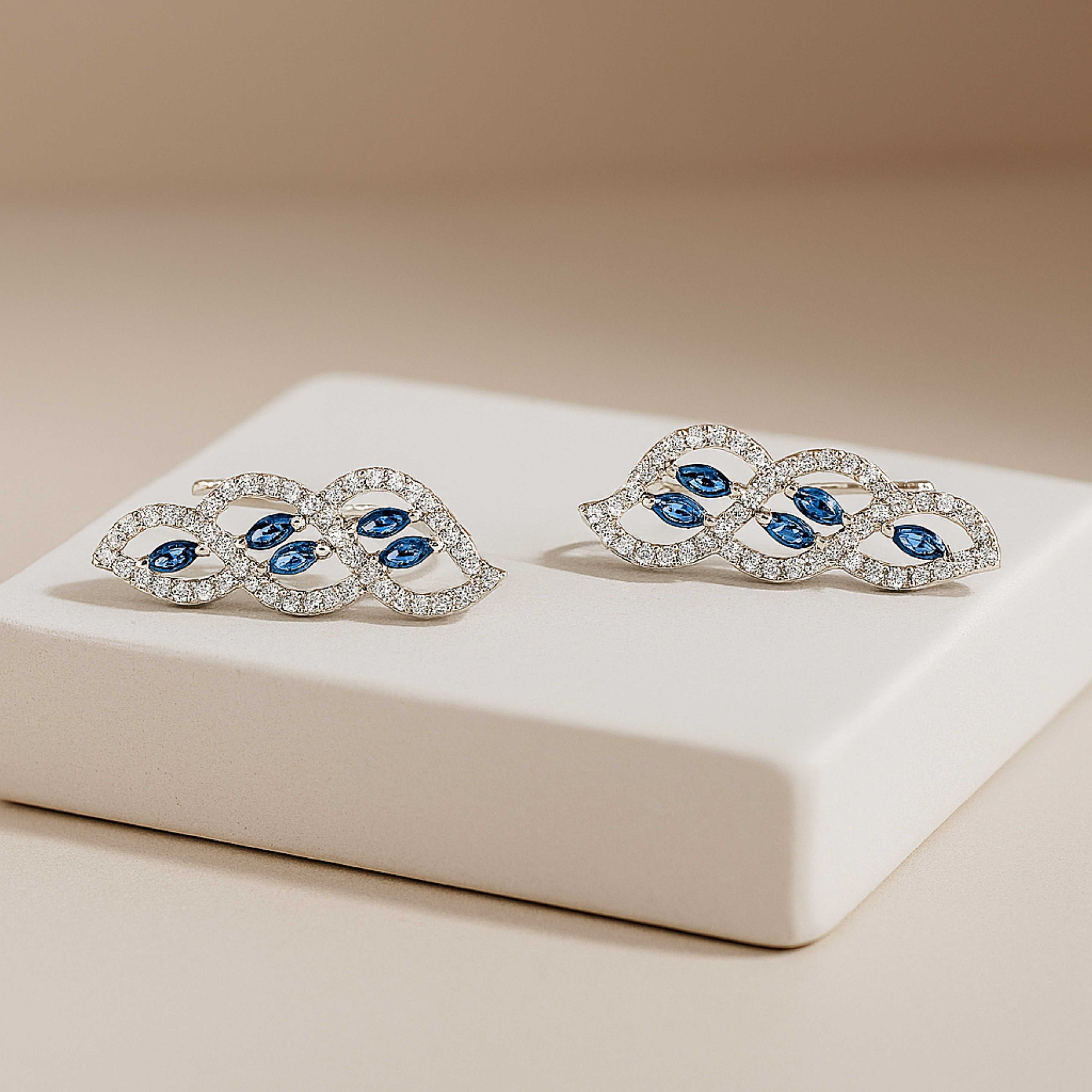 Rhodium Plated Silver Ear Cuffs with Sparkling CZ Blue Stones