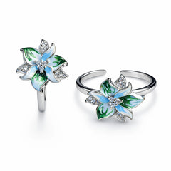 925 Sterling Silver Blue & Green Flower Toe Ring – Adjustable Floral Design