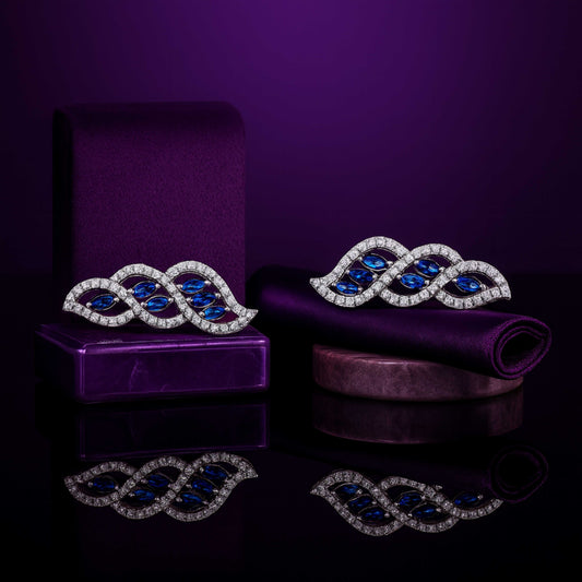 Rhodium Plated Silver Ear Cuffs with Sparkling CZ Blue Stones