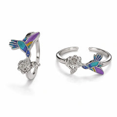 925 Sterling Silver Hummingbird & Flower Toe Ring – Adjustable Enamel Design