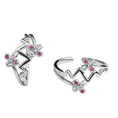 Sterling Silver 925 Zig Zag Adjustable Toe Ring with Pink & Clear CZ Floral Accents
