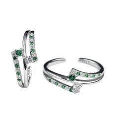 925 Sterling Silver Adjustable Toe Ring with Green & Clear CZ Stones