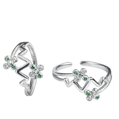 925 Sterling Silver Adjustable Zig-Zag Toe Ring with Green & Clear CZ Floral Accents