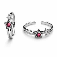 925 Sterling Silver Adjustable Toe Ring with Red CZ Star & Crystal Accent