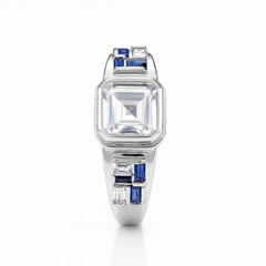 925 Sterling Silver Men’s Ring with Sapphire-Style Blue CZ & Baguette Stones