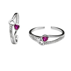 925 Sterling Silver Heart Toe Ring with Ruby-Color Stone & CZ | Adjustable Open Toe Ring