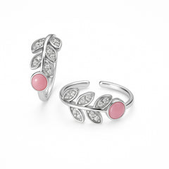 925 Sterling Silver Adjustable Toe Rings with Pink Stone & Leaf Design