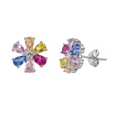 Sterling Silver 925 Multicolor Floral Stud Earrings for Women