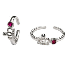 925 Sterling Silver Crown Toe Ring with Red CZ | Adjustable Open Toe Ring