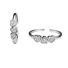 925 Sterling Silver Triple Heart CZ Adjustable Toe Ring