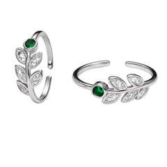 925 Sterling Silver Leaf Design Green CZ Adjustable Toe Ring