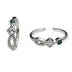 925 Sterling Silver Geometric Dual Stone Adjustable Toe Ring with Green & Clear CZ