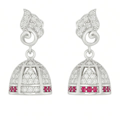 Sterling Silver Leaf Top Jhumka Earrings with White and Red Stones