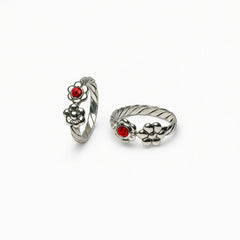 Sterling Silver Twisted Band Flower Toe Ring with Red Stone