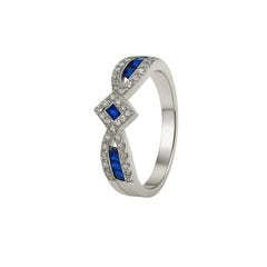 925 Sterling Silver Blue Sapphire & CZ Geometric Ring for Women