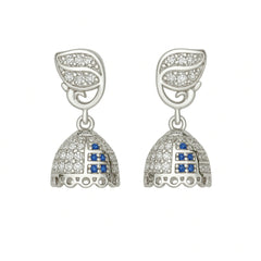 Sterling Silver Leaf Top Jhumka Earrings with White and Blue Stones