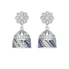 Sterling Silver Floral Top Jhumka Earrings with White and Blue Stones