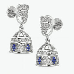 Sterling Silver Floral Top Jhumka Earrings with Blue Stones