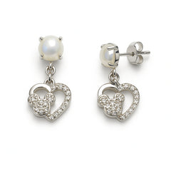 925 Sterling Silver Pearl Heart Drop Earrings | CZ Teddy Charm Dangle Design for Women
