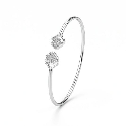 925 Sterling Silver Double Flower CZ Adjustable Kada Bracelet for Women