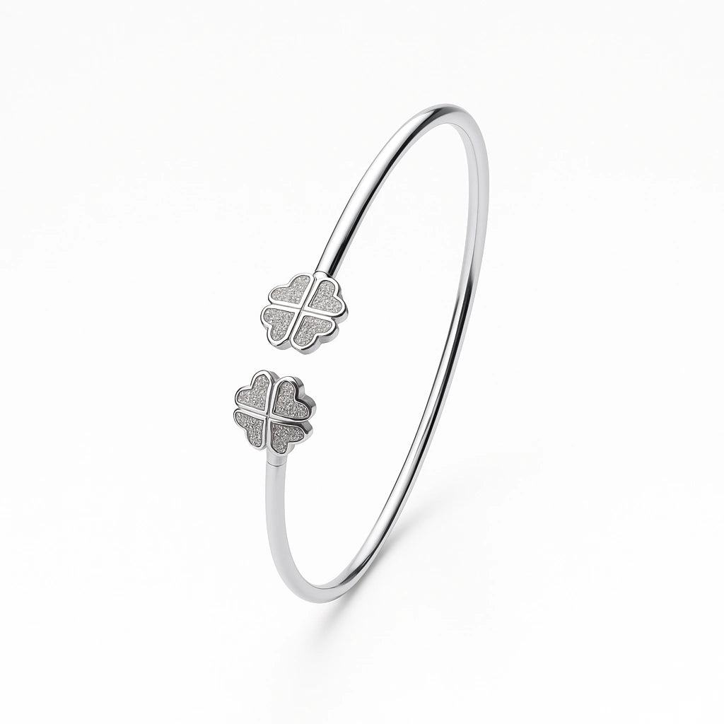 925 Silver Four-Leaf Clover CZ Open Kada for Women