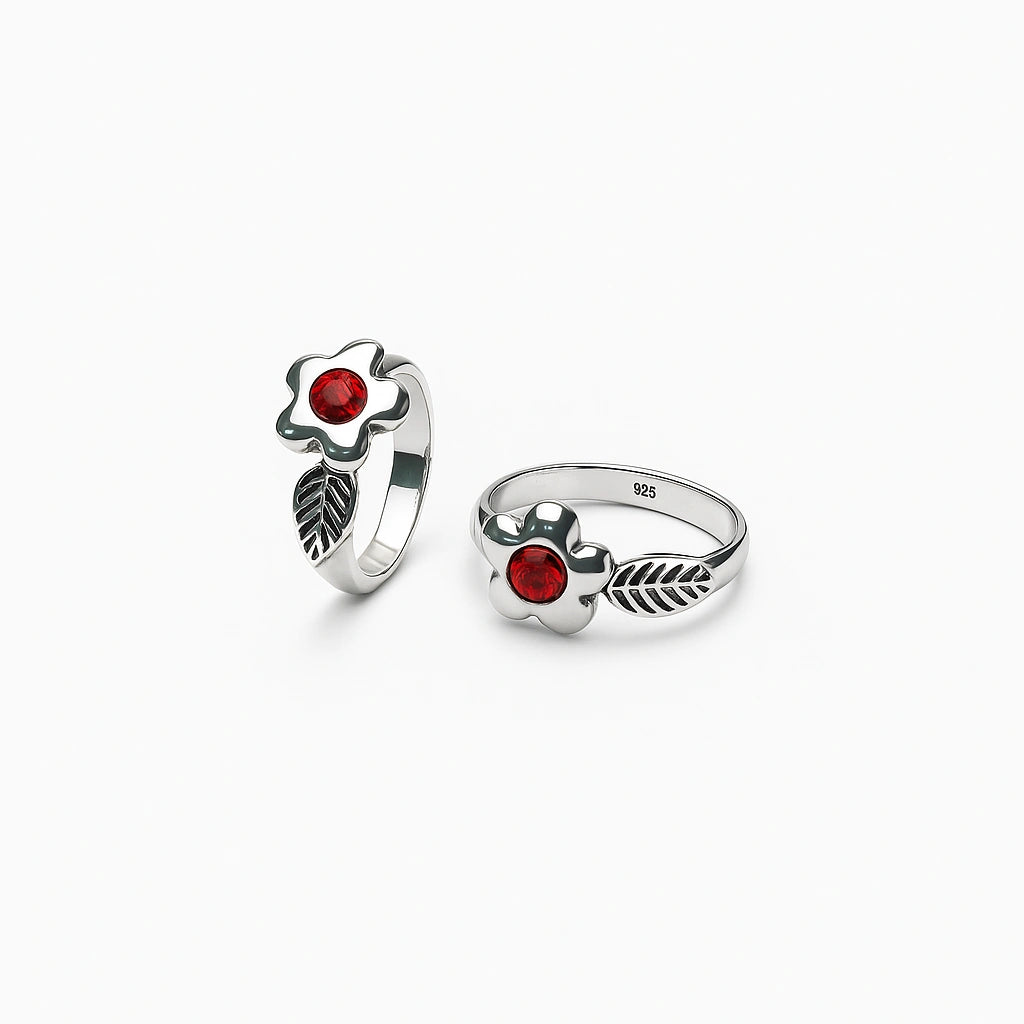 925 Silver Red Floral Leaf Toe Ring for Women