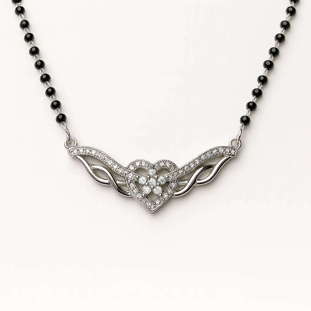 925 Silver Rhodium Plated Heart Pendant Mangalsutra