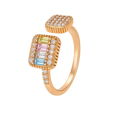 Rose Gold Plated Dual Square Multicolor CZ Adjustable Ring for Women