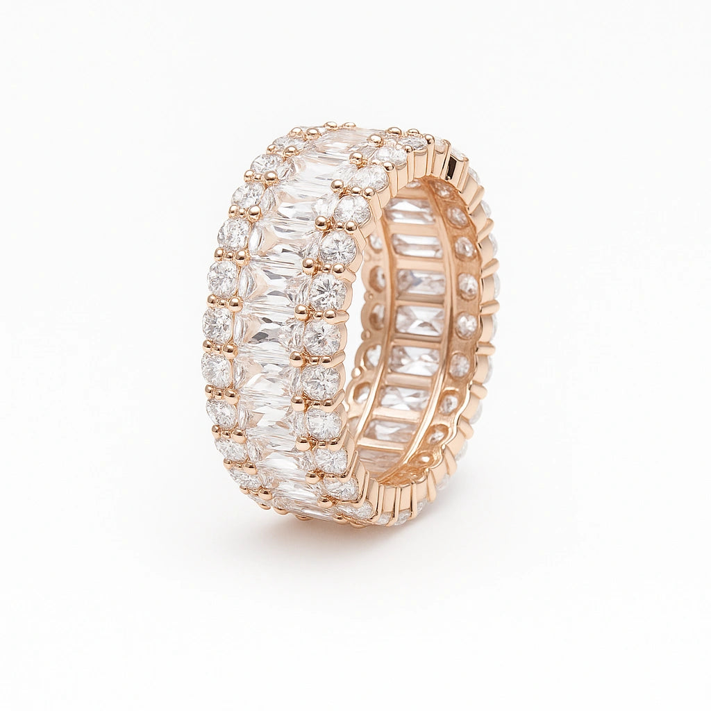 Rose Gold Plated Triple Row CZ Eternity Band Ring for Women