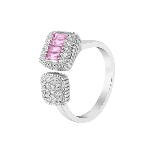 925 Silver Pink and White CZ Dual Square Adjustable Ring for Women