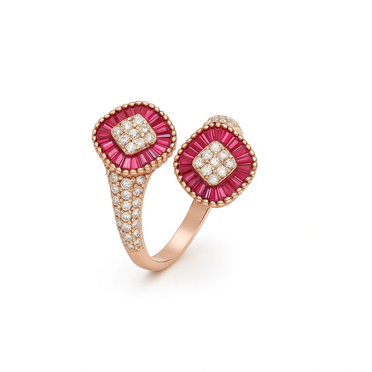 Rose Gold Plated Dual Square Ruby and CZ Adjustable Ring for Women