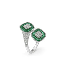 925 Silver Dual Square Green Emerald and CZ Adjustable Ring for Women