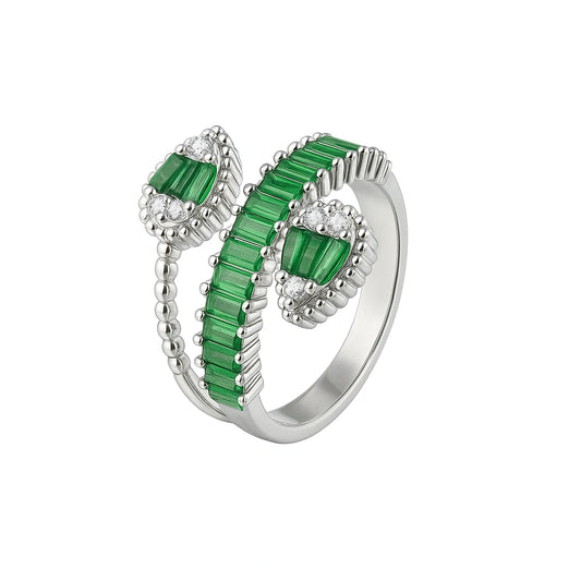 925 Silver Emerald Green Baguette CZ Wrap Around Adjustable Ring for Women