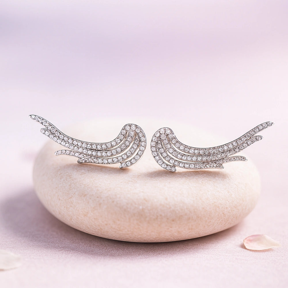 Rhodium Plated Silver Angel Wing Ear Cuffs with Sparkling CZ Stones