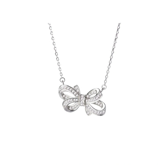 Rhodium Plated Silver Bow Pendant with Sparkling CZ Stones WB