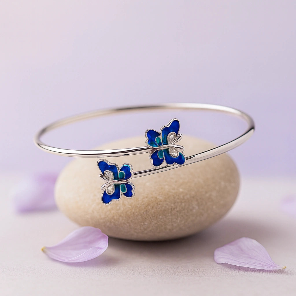 Rhodium Plated Silver Butterfly Bracelet with Blue Enamel & Sparkling CZ Stones