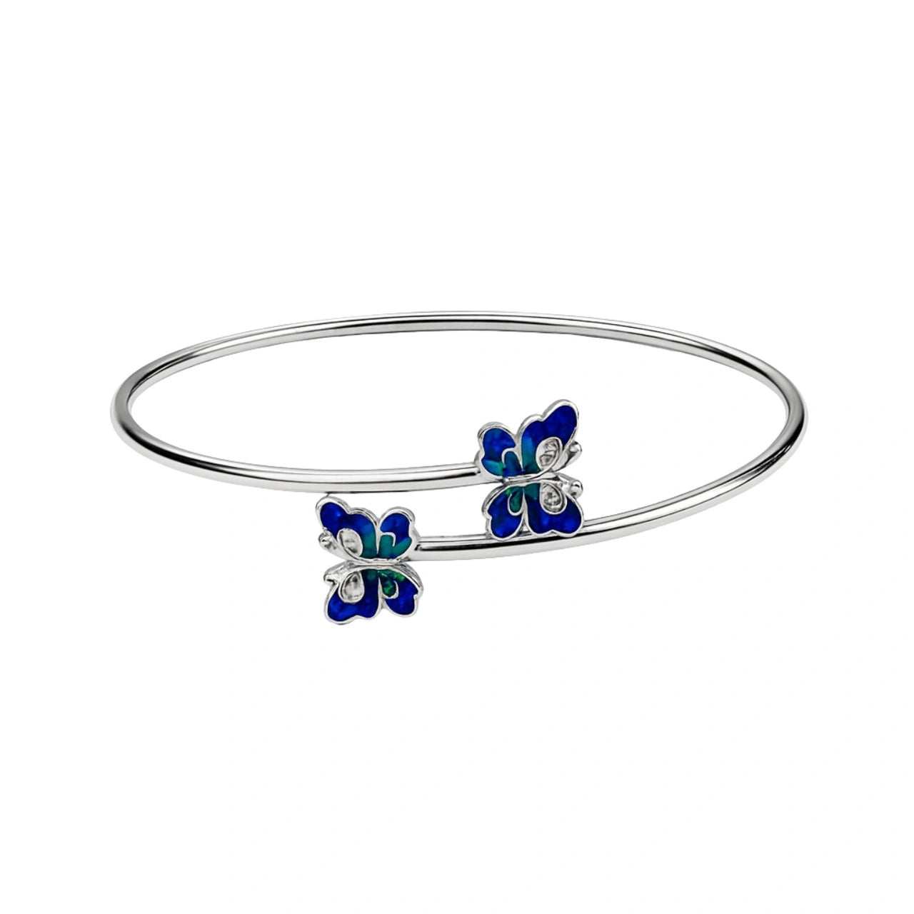 Rhodium Plated Silver Butterfly Bracelet with Blue Enamel & Sparkling CZ Stones WB