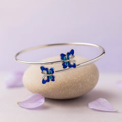 Rhodium Plated Silver Butterfly Bracelet with Blue Enamel & Sparkling CZ Stones