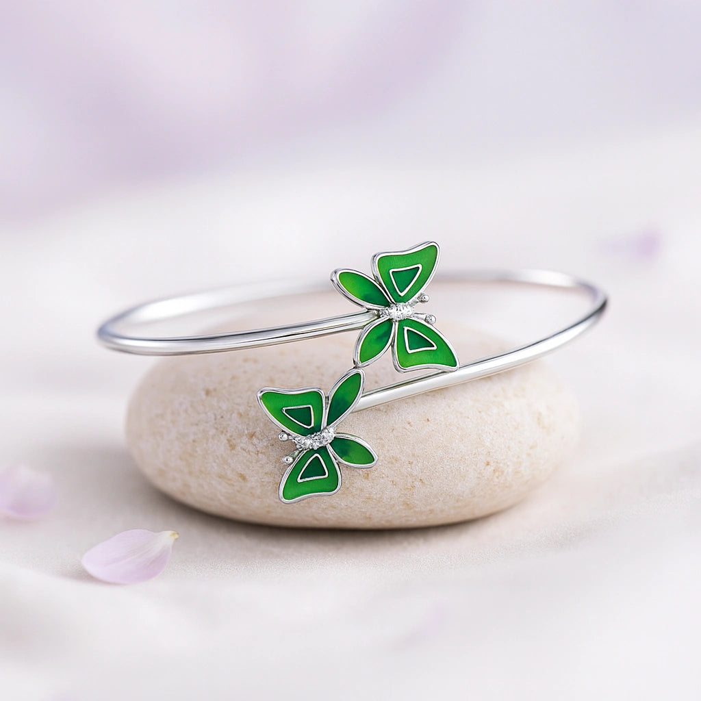 Rhodium Plated Silver Butterfly Bracelet with Green Enamel & Sparkling CZ Stones