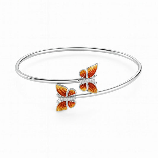 Rhodium Plated Silver Butterfly Bracelet with Orange Enamel & Sparkling CZ Stones WB