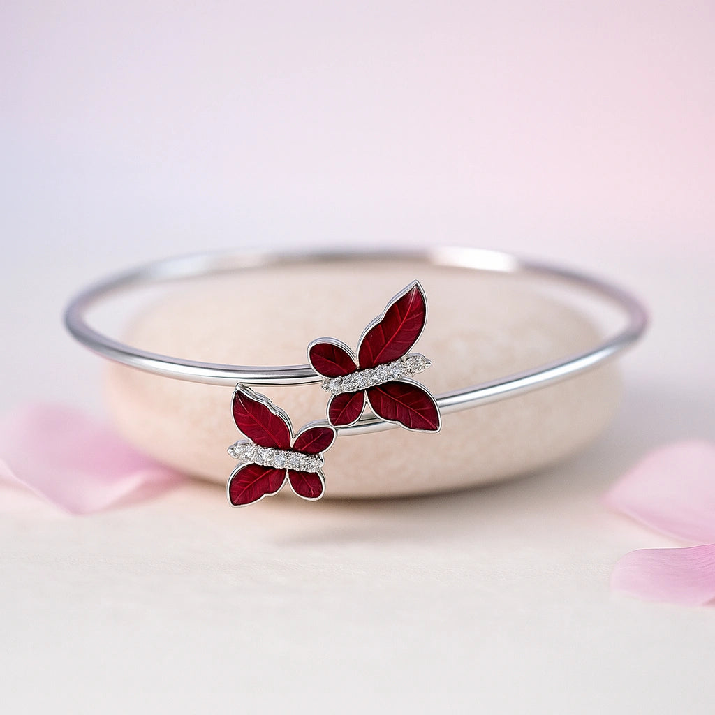 Rhodium Plated Silver Butterfly Bracelet with Red Enamel & Sparkling CZ Stones