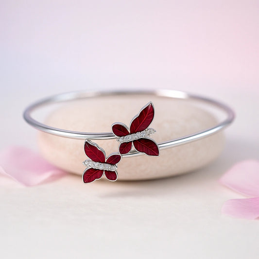 Rhodium Plated Silver Butterfly Bracelet with Red Enamel & Sparkling CZ Stones