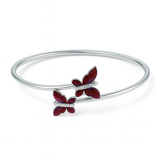 Rhodium Plated Silver Butterfly Bracelet with Red Enamel & Sparkling CZ Stones WB