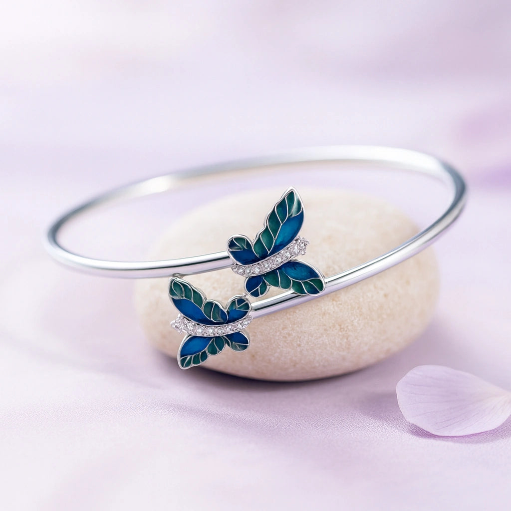 Rhodium Plated Silver Butterfly Bracelet with Teal Enamel & Sparkling CZ Stones