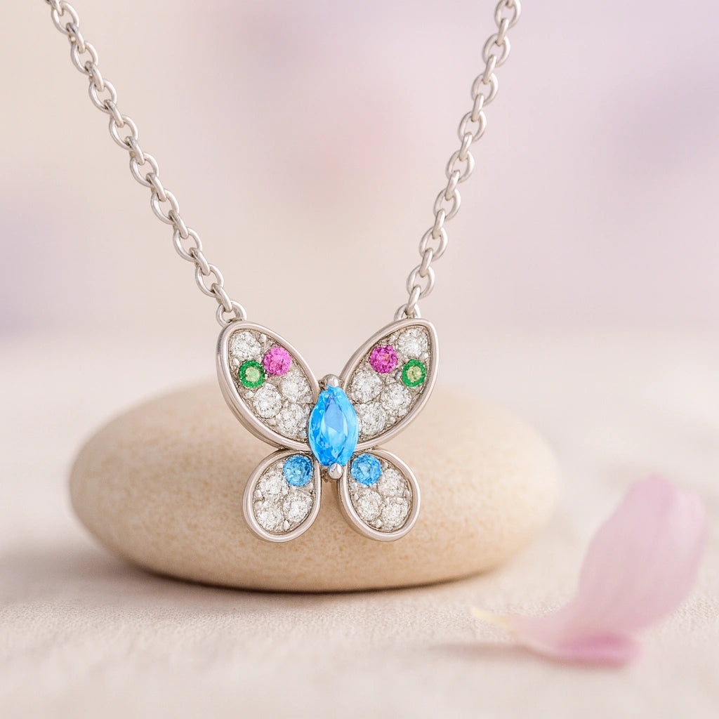 Rhodium Plated Silver Butterfly Pendant with Multicolor Stones & Sparkling CZ