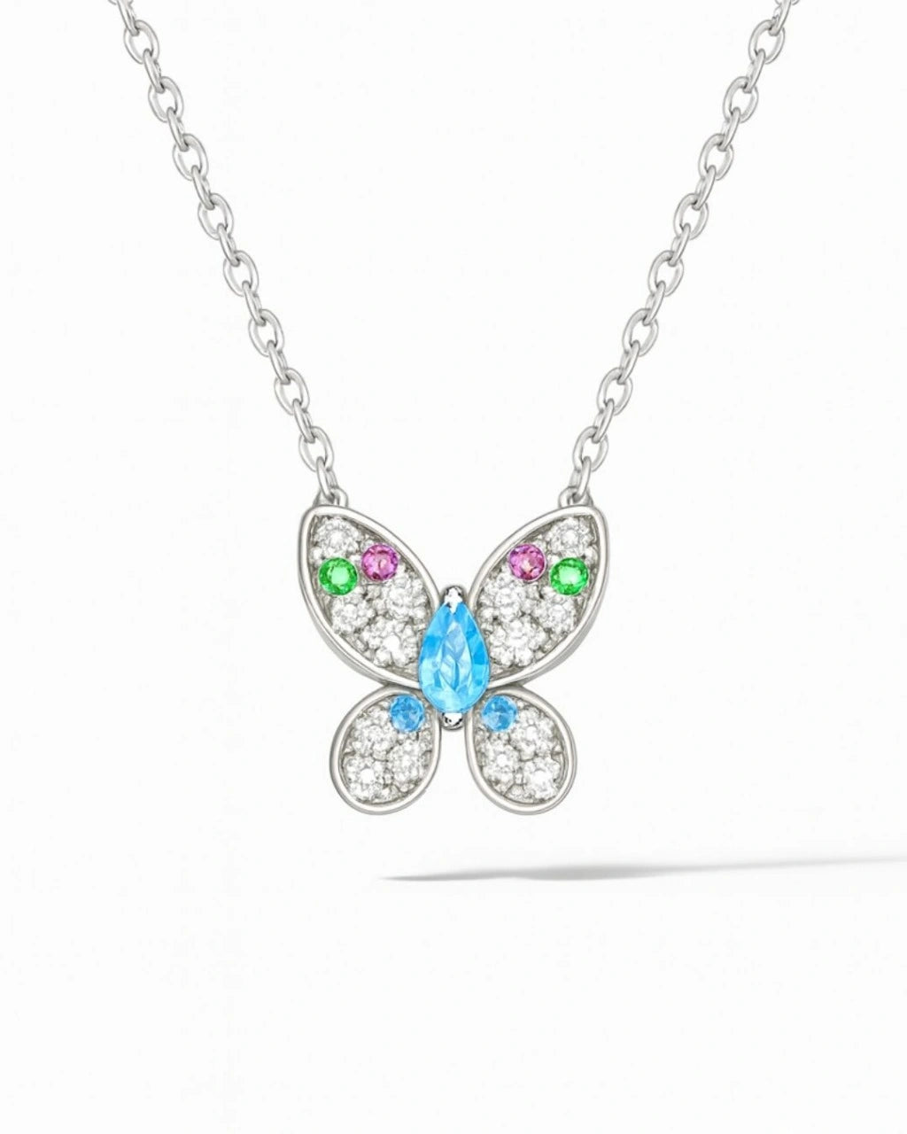 Rhodium Plated Silver Butterfly Pendant with Multicolor Stones & Sparkling CZ WB
