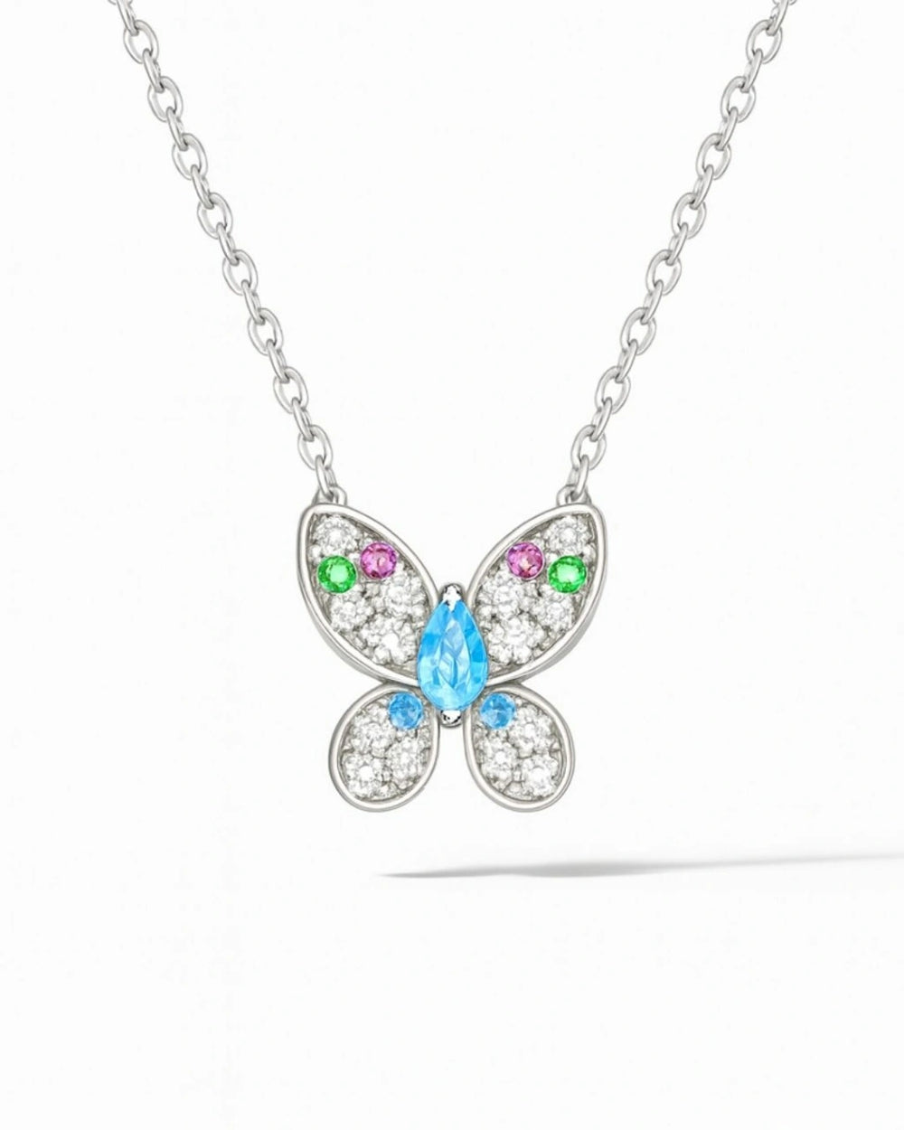 Rhodium Plated Silver Butterfly Pendant with Multicolor Stones & Sparkling CZ WB