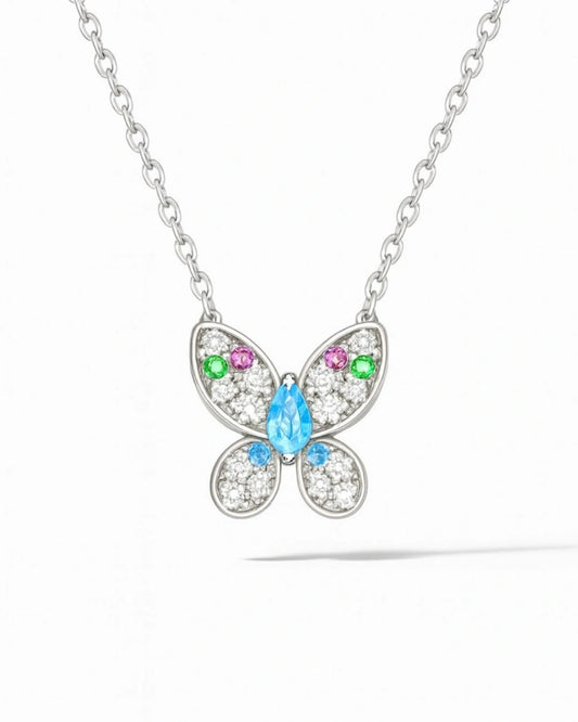 Rhodium Plated Silver Butterfly Pendant with Multicolor Stones & Sparkling CZ WB