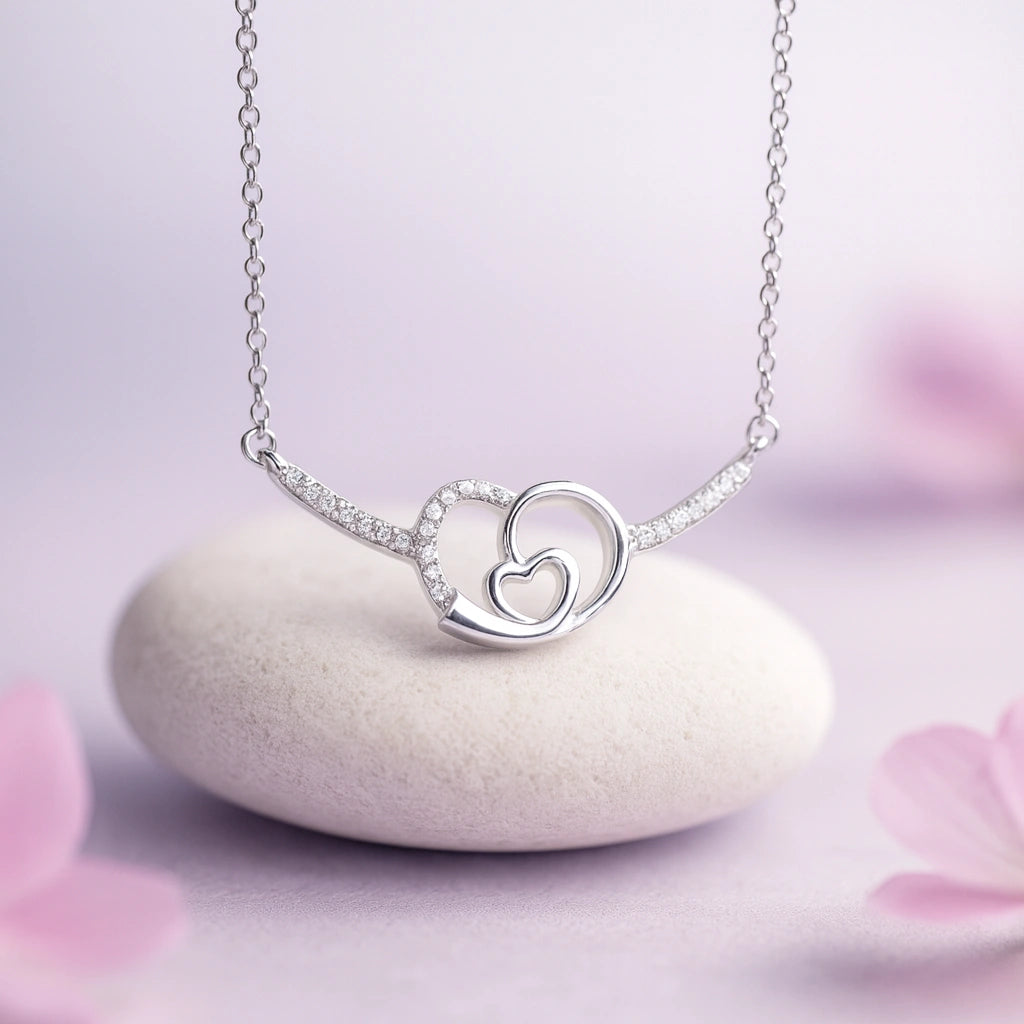 Rhodium Plated Silver Double Heart Pendant with Sparkling CZ Stones