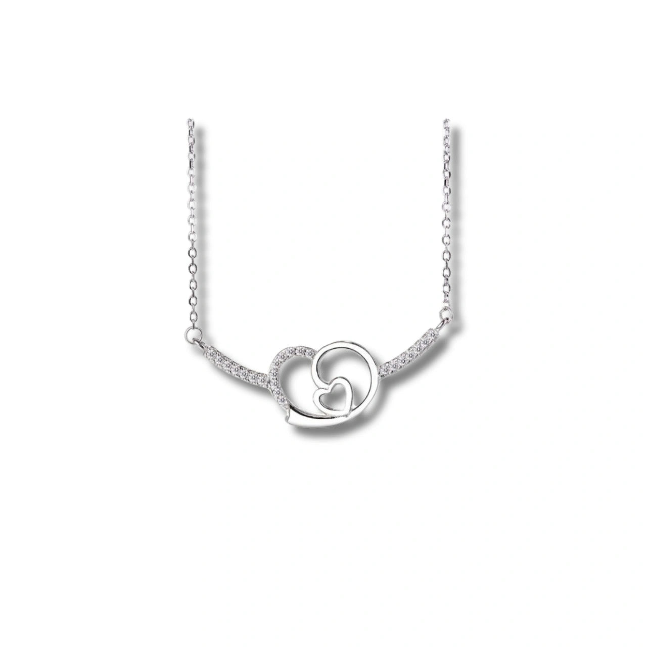 Rhodium Plated Silver Double Heart Pendant with Sparkling CZ Stones WB